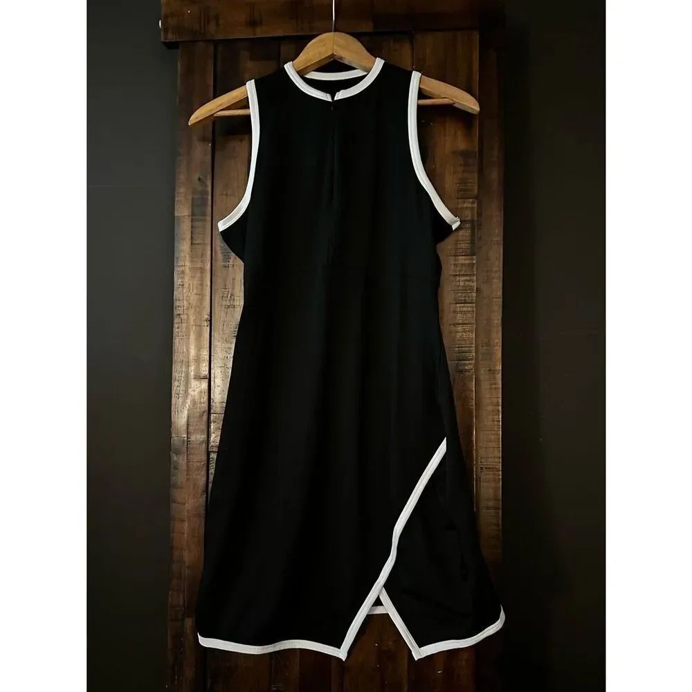 Black Sleeveless V-Neck zipper Dress with White Trim